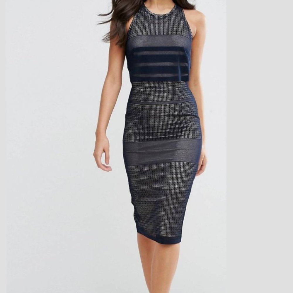 Navy Mesh-look Midi Dress
